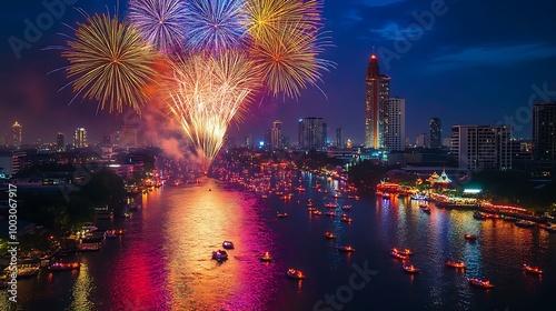 A colorful fireworks display over a river filled with floating krathongs during the Loy Krathong Festival photo