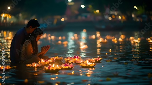 A couple praying and making a wish before releasing their krathong into the river during the Loy Krathong Festival photo