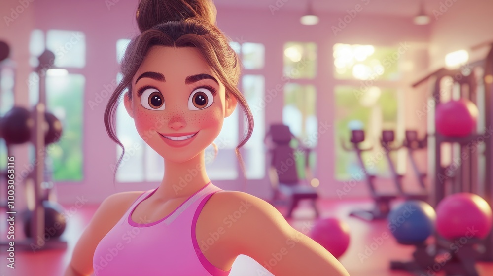 Fototapeta premium A cheerful animated woman in a gym, promoting fitness and wellness.