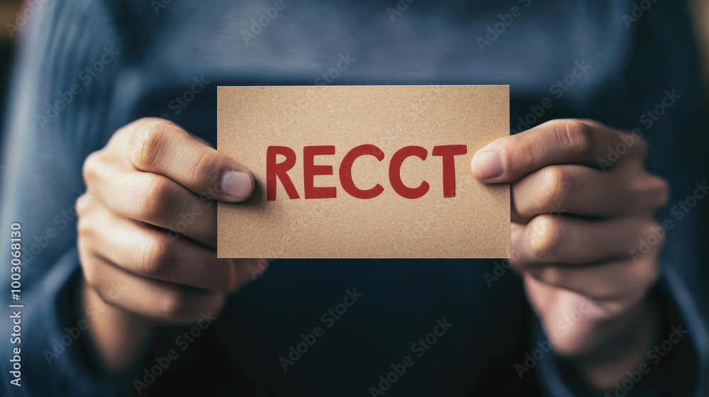 Person holding a card with the word 'REJECT' written on it, displaying a message of refusal or denial in a close-up shot. Person holding a card with the word 'REJECT' written on it, displaying a message of refusal or denial in a close-up shot.