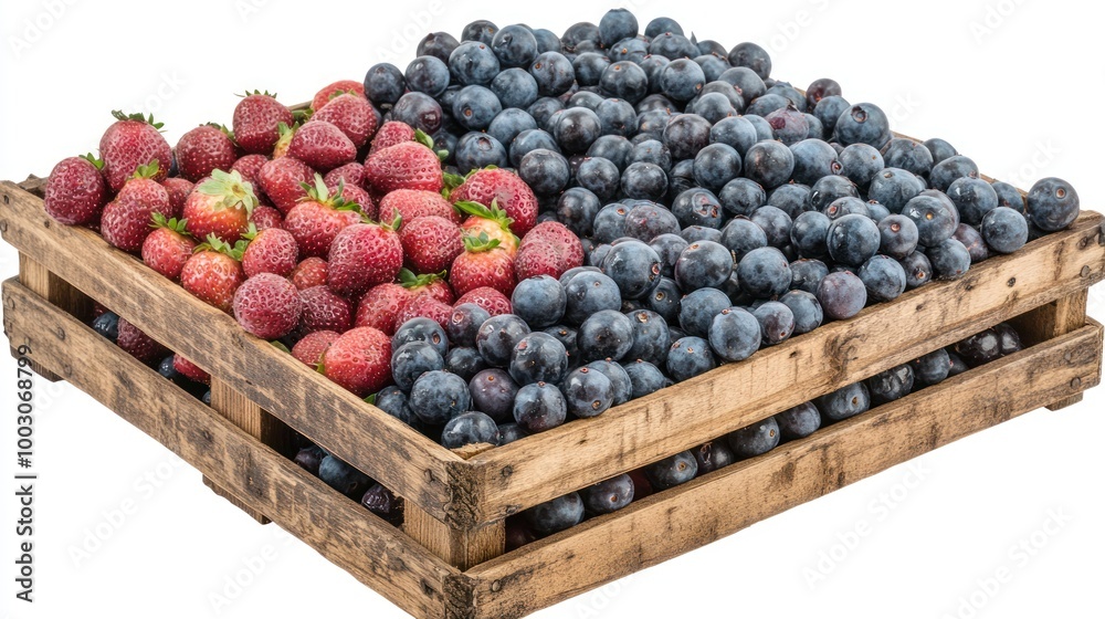 A wooden crate filled with fresh strawberries and blueberries, showcasing vibrant fruits. A wooden crate filled with fresh strawberries and blueberries, showcasing vibrant fruits.
