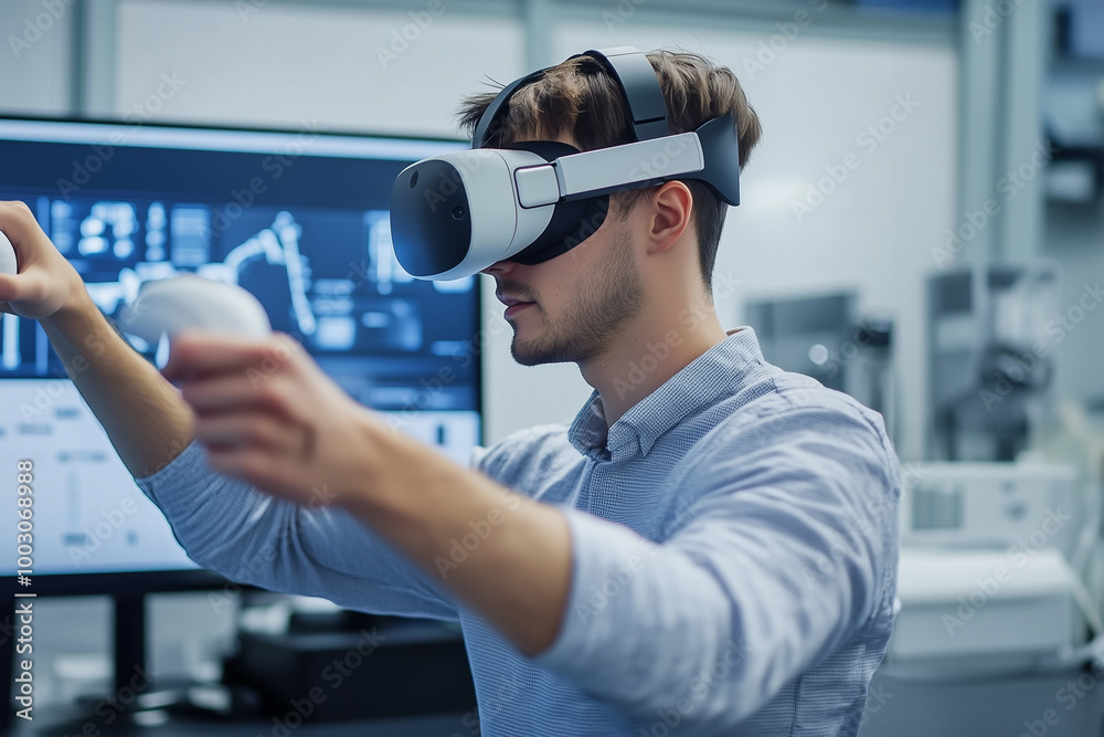 A man wearing a virtual reality headset is playing a game A man wearing a virtual reality headset is playing a game