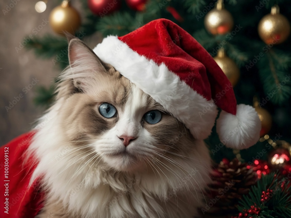 cat in santa hat New Year Christmas card with trees and a ragdoll cat cat in santa hat New Year Christmas card with trees and a ragdoll cat