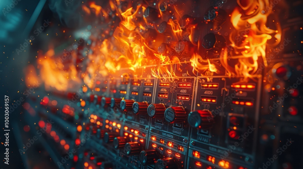 Bright flames erupt from a densely packed control panel, illuminating countless switches while creating an intense atmosphere of urgency and excitement Bright flames erupt from a densely packed control panel, illuminating countless switches while creating an intense atmosphere of urgency and excitement
