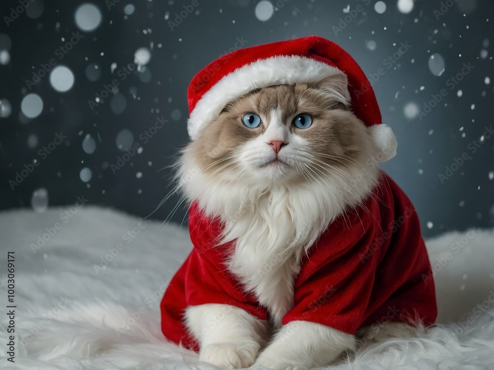 christmas santa claus New Year Christmas card with trees and a ragdoll cat christmas santa claus New Year Christmas card with trees and a ragdoll cat