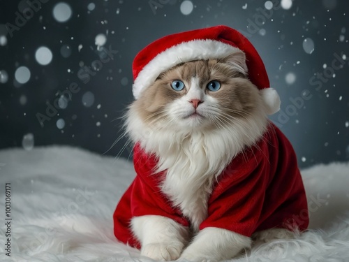 christmas santa claus New Year Christmas card with trees and a ragdoll cat