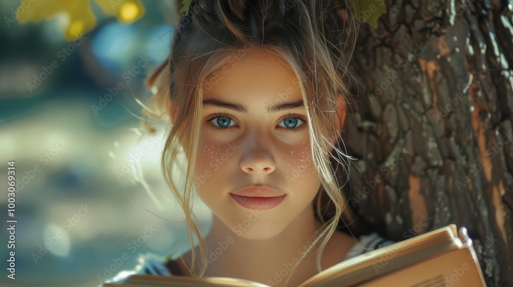 Teenage girl with a stack of books, sitting under a tree and reading Teenage girl with a stack of books, sitting under a tree and reading