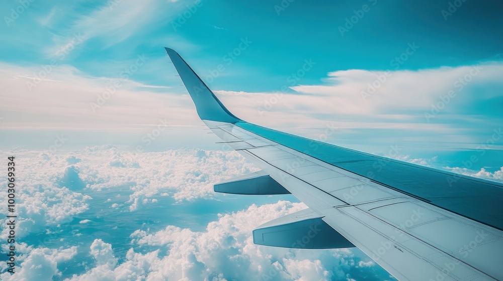 Obraz premium Aerial view from an airplane wing above fluffy clouds under a bright blue sky.