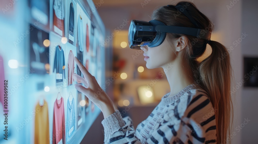 Side view of young woman interacts with a virtual display using augmented reality glasses, uses the holographic interfaces of shopping clothing applications at home. Spatial computer concept Side view of young woman interacts with a virtual display using augmented reality glasses, uses the holographic interfaces of shopping clothing applications at home. Spatial computer concept
