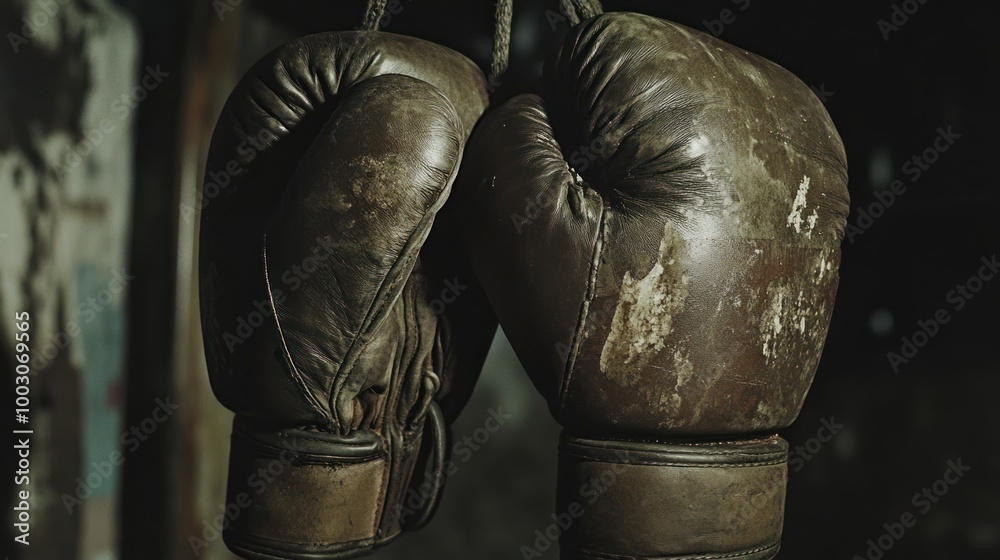 A pair of worn boxing gloves hanging, symbolizing sports and training. A pair of worn boxing gloves hanging, symbolizing sports and training.