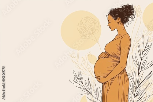 Minimalist Pregnancy Illustration with Warm Tones and Botanical Elegance Celebrating Motherhood






