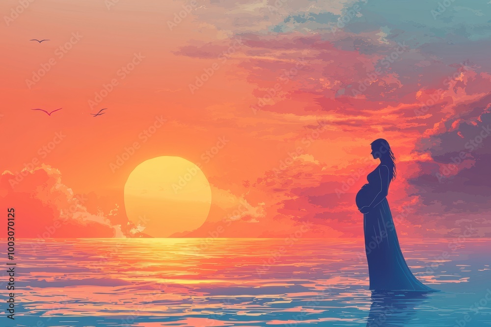custom made wallpaper toronto digitalTranquil Sunset Silhouette of Pregnant Woman with Serene Ocean View and Vivid Horizon






