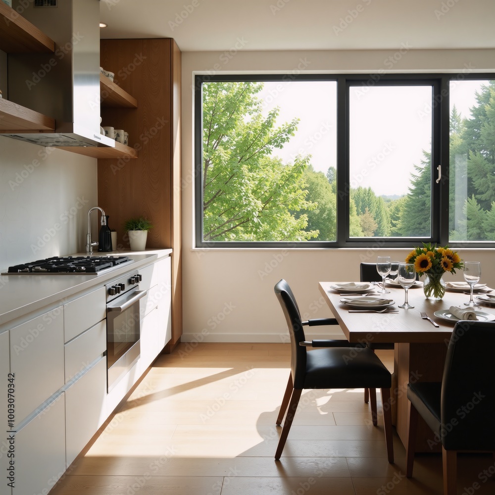 Home kitchen scene with cookware storage dining area by window Mockup Wall Home kitchen scene with cookware storage dining area by window Mockup Wall