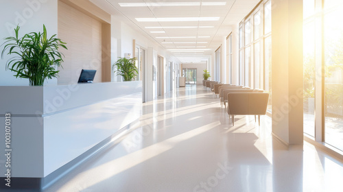 A bright  modern hallway featuring minimalist design  large windows  and greenery  perfect for office or healthcare settings.
