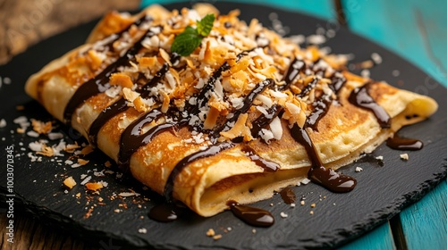 Crepes with dulce de leche and toasted coconut, served on a matte black slate plate with a bright teal background