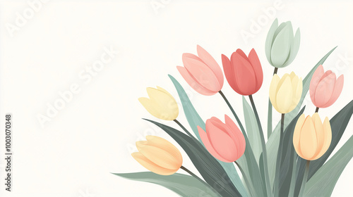 A beautiful arrangement of colorful tulips on a light background with copy space for postcards