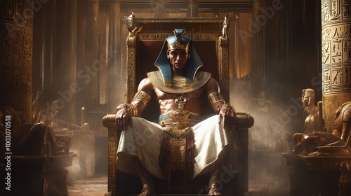 A powerful figure sits confidently on an ornate throne, adorned in rich attire, exuding authority amidst the grandeur of ancient architecture and shadows