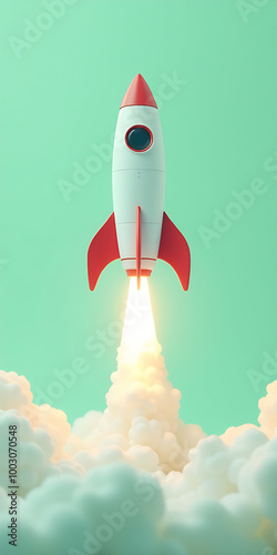 A sleek rocket launching into the sky against a pastel green background, symbolizing new ideas and innovation concepts