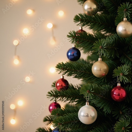 Christmas tree with baubles and shimmery lights Blurry