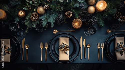 Elegant Christmas dinner table setting with golden cutlery