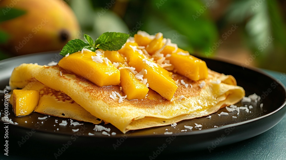 Crepes with fresh mango slices and coconut flakes, on a matte black plate, against a tropical ocean sunset backdrop Crepes with fresh mango slices and coconut flakes, on a matte black plate, against a tropical ocean sunset backdrop