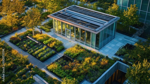 A modern glass building surrounded by lush greenery and landscaped gardens.