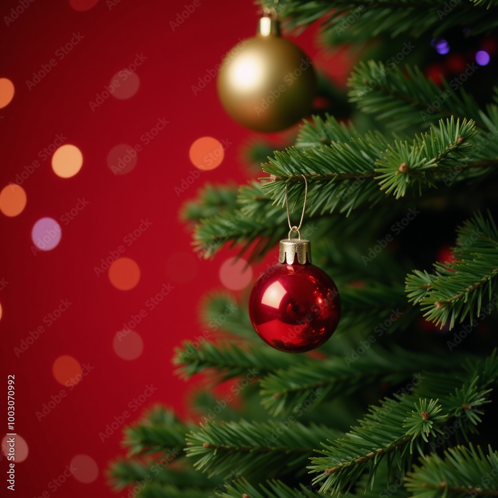 A red background with a Christmas tree ornaments and bokeh lights illuminating the scene A red background with a Christmas tree ornaments and bokeh lights illuminating the scene