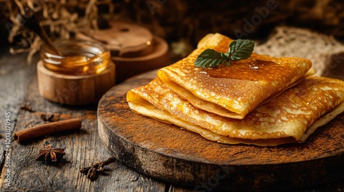 Crepes with honey and cinnamon, set on a vintage wooden table with a contrasting futuristic steel background