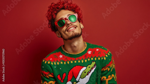 Xmas vibes - waiting for Santa! Young redhead  man wearing ugly Christmas sweater, smiling at the camera