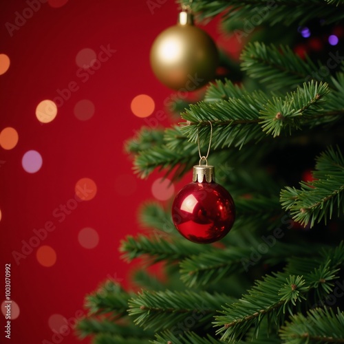 A red background with a Christmas tree ornaments and bokeh lights illuminating the scene