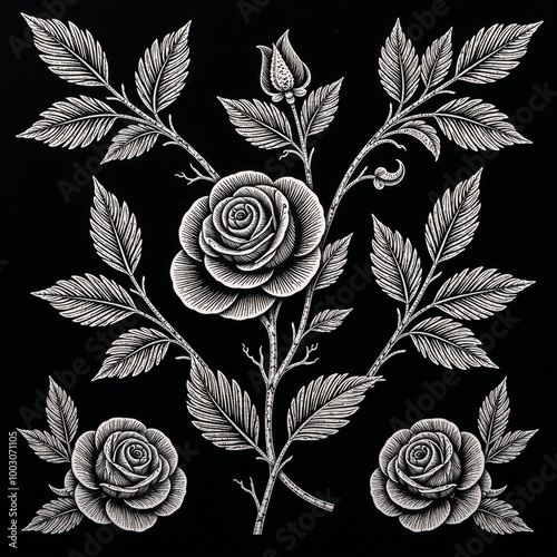 Tattoo-inspired black  white sketched scratchboard impression showcases the elegance of traditional rose motifs in a stylized floral design photo