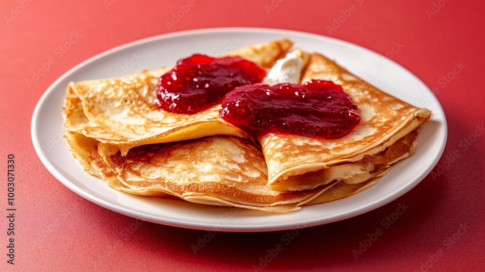 Crepes with mascarpone cheese and strawberry jam, on a simple white plate against a bold, contrasting red background Crepes with mascarpone cheese and strawberry jam, on a simple white plate against a bold, contrasting red background