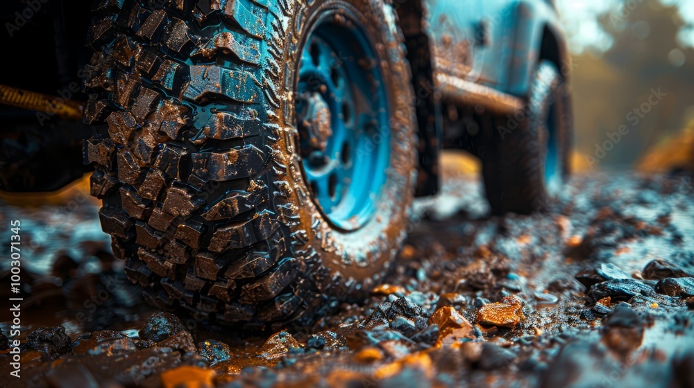A close-up view of a heavily treaded tire coated in mud, demonstrating the thrill of off-roading adventure in a lush, forested environment A close-up view of a heavily treaded tire coated in mud, demonstrating the thrill of off-roading adventure in a lush, forested environment