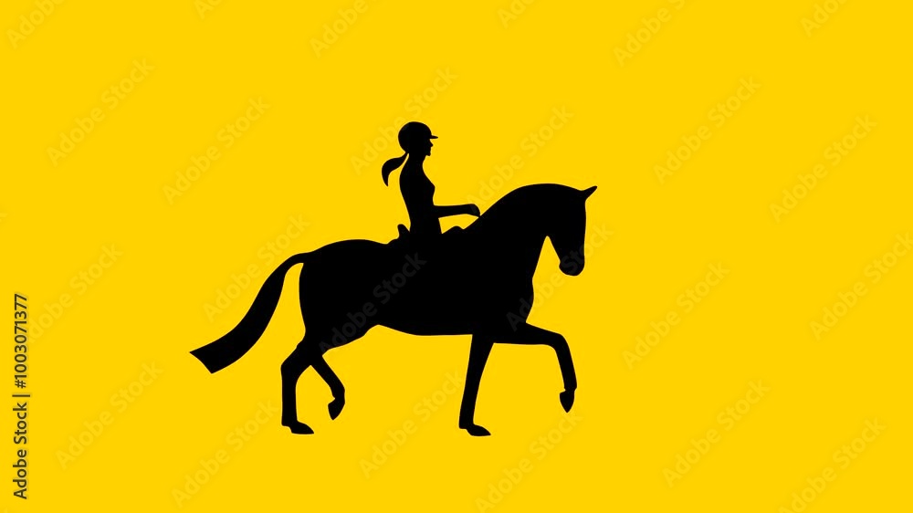 Horse training: animation with a rider perfecting a trot on the yellow background (seamless loop)