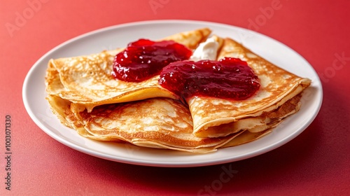 Crepes with mascarpone cheese and strawberry jam, on a simple white plate against a bold, contrasting red background