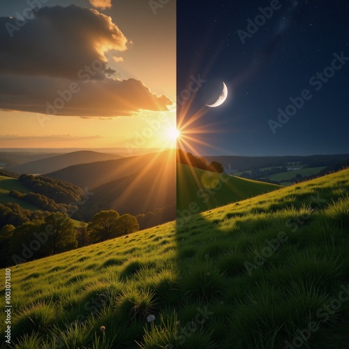 Spring Equinox Split Landscape depicting simultaneous day and night with sun and moon meeting at horizon photo