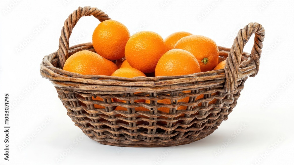 A woven basket filled with fresh, vibrant oranges. A woven basket filled with fresh, vibrant oranges.