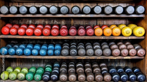 A neatly organized display of colorful paint bottles on wooden shelves.