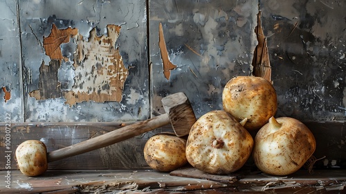 Rutabagas with a mallet resting on a worn wooden plank photo