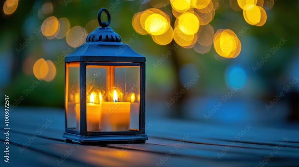 A lantern with flickering candles, surrounded by a softly blurred background of lights. A lantern with flickering candles, surrounded by a softly blurred background of lights.