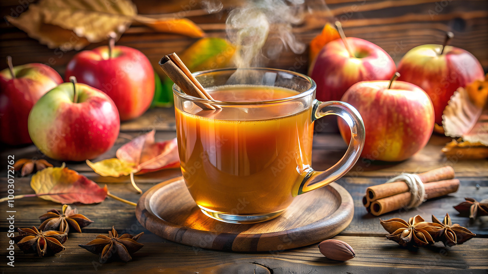 Hot apple cider with cinnamon and star anise on wooden table Hot apple cider with cinnamon and star anise on wooden table