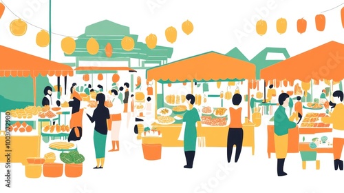 A vibrant market scene with people shopping and various food stalls.