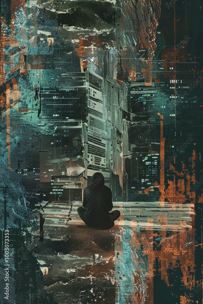 A lone figure huddled in despair amidst a landscape of crumbling digital structures, symbolizing the collapse of cryptocurrency markets, in a surreal, A lone figure huddled in despair amidst a landscape of crumbling digital structures, symbolizing the collapse of cryptocurrency markets, in a surreal,