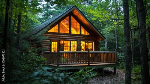 A cozy log cabin illuminated at dusk, surrounded by lush trees in a tranquil forest setting.