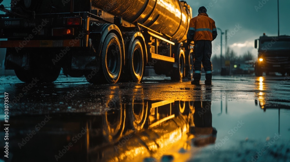 A worker stands near a reflective truck in a rain-soaked industrial area.