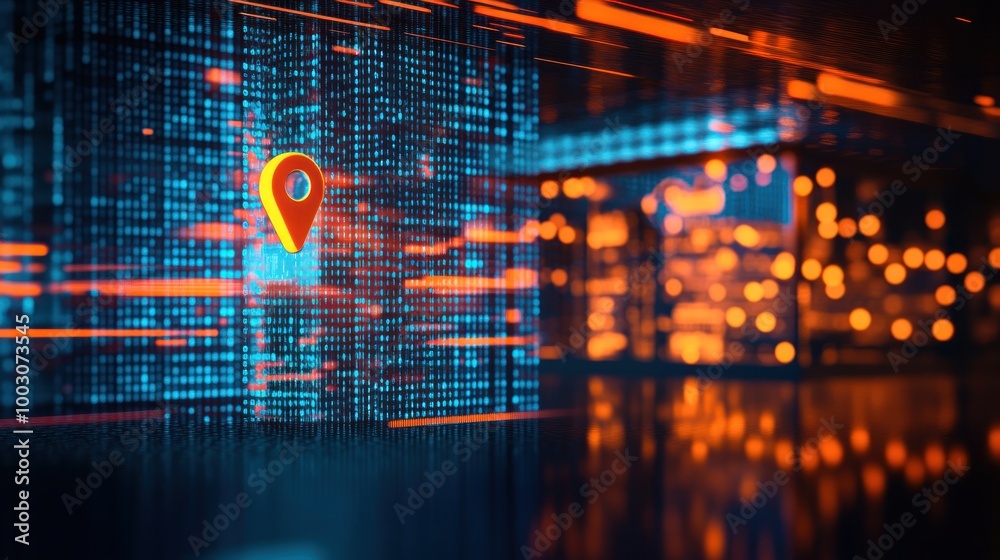 Abstract digital landscape featuring a location pin amidst glowing data streams. Abstract digital landscape featuring a location pin amidst glowing data streams.