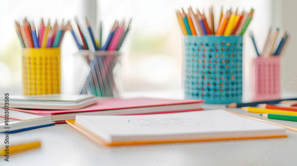 Colorful stationery and art supplies arranged on a table, ideal for creativity, schoolwork, or artistic projects. Colorful stationery and art supplies arranged on a table, ideal for creativity, schoolwork, or artistic projects.