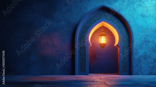 A Ramadan background with an Islamic archway and lantern photo