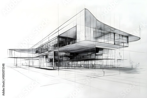 Pencil art architecture sketches of initial design of building 