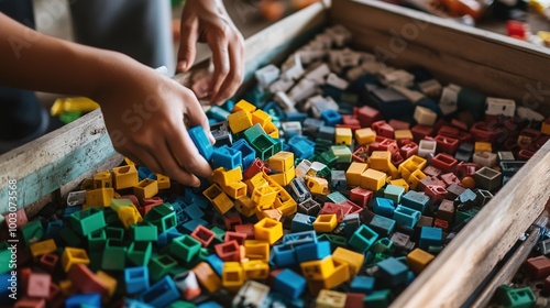 Child's hand picking colorful blocks from pile.
